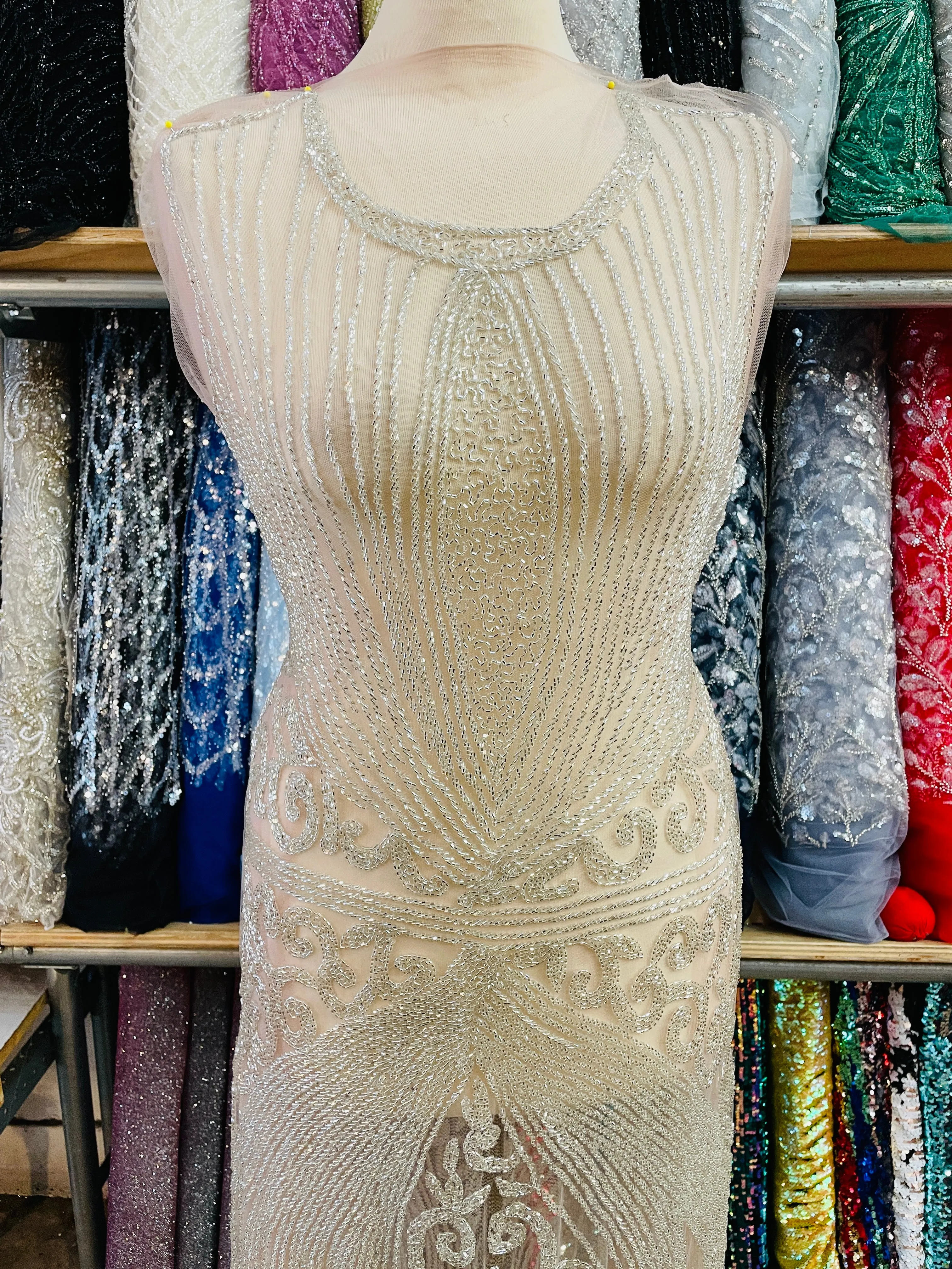 Alice Hand Beaded Front and Back Applique Dress Panel with Sleeve