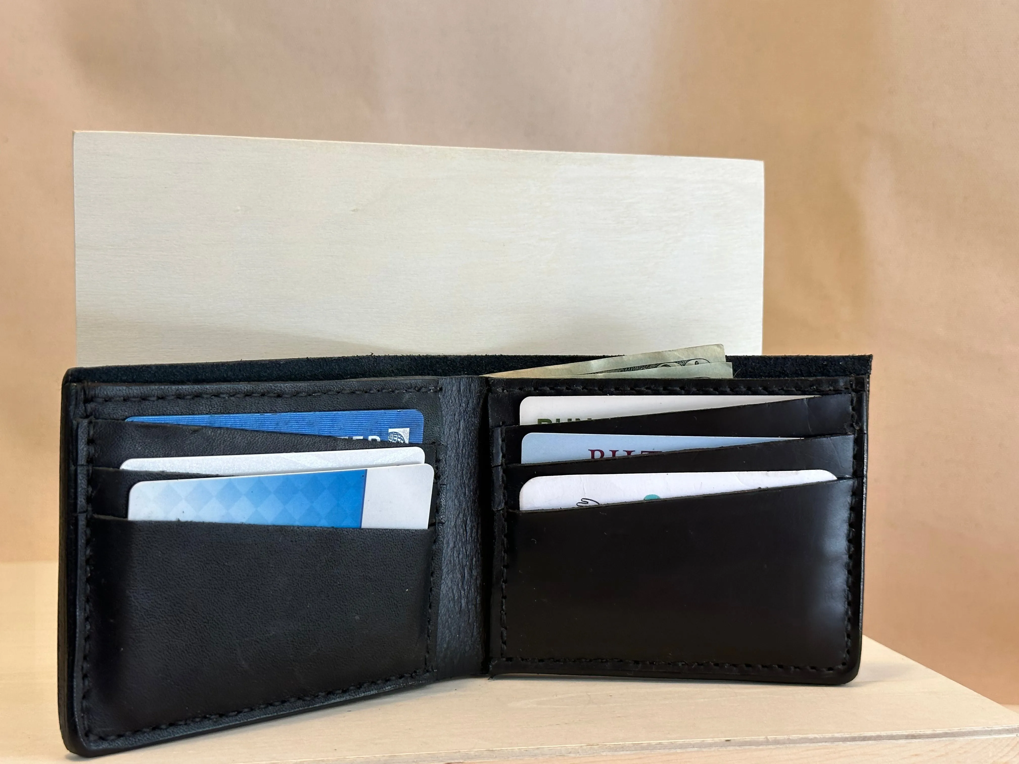 Black Bi Fold Handstitched Leather Wallet
