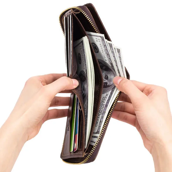Bullcaptain Zip Around Wallet RFID Blocking Secure Leather Card Holder Wallet
