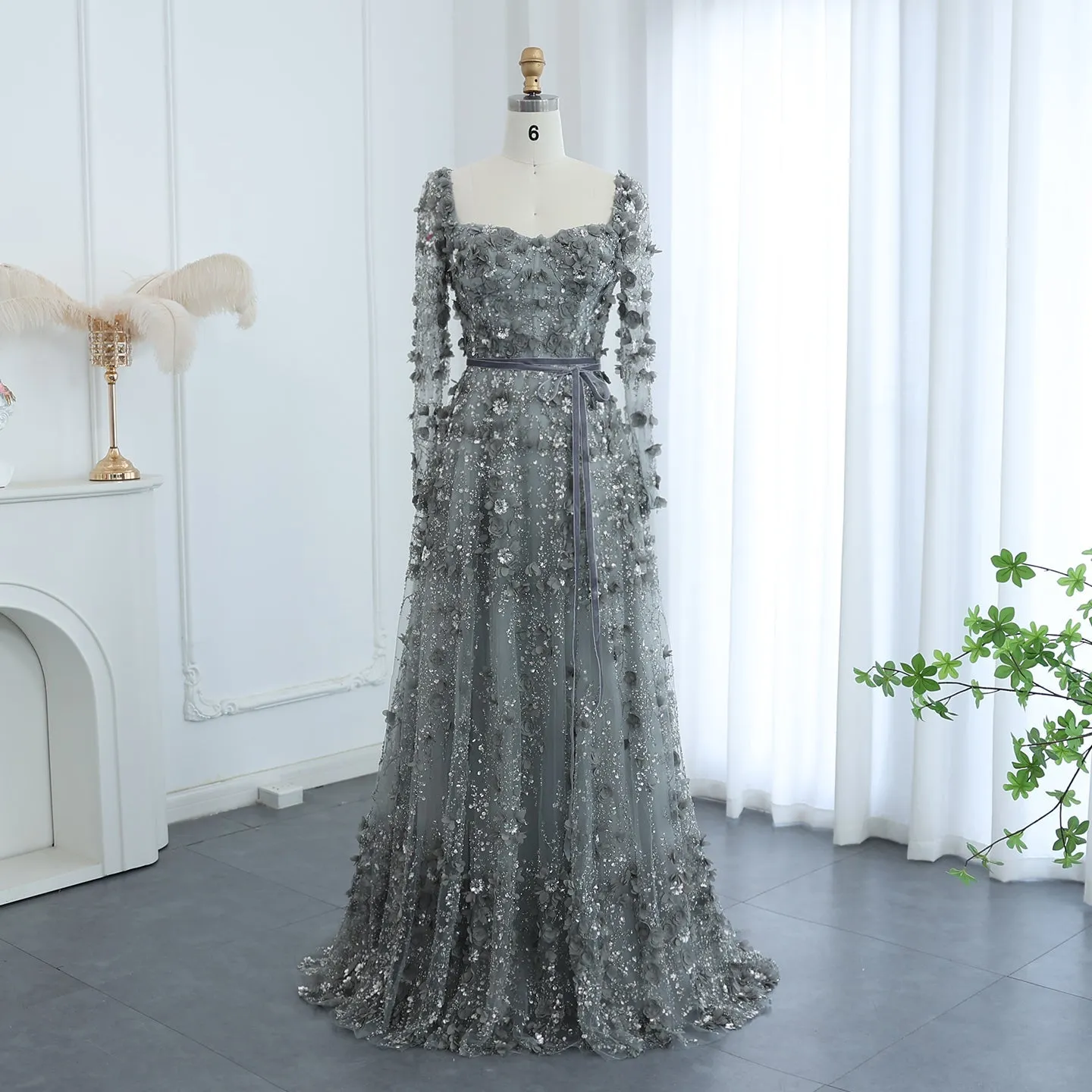 Luxury 3D Flower Gray Long Sleeves Evening Dress SS353
