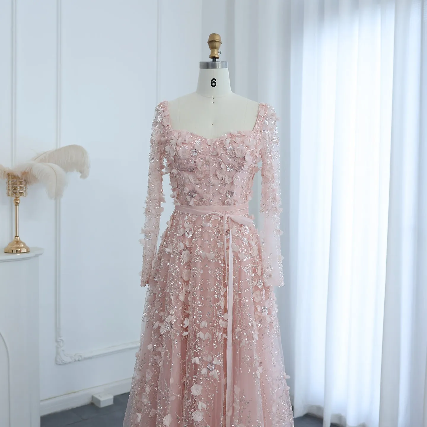 Luxury 3D Flower Gray Long Sleeves Evening Dress SS353