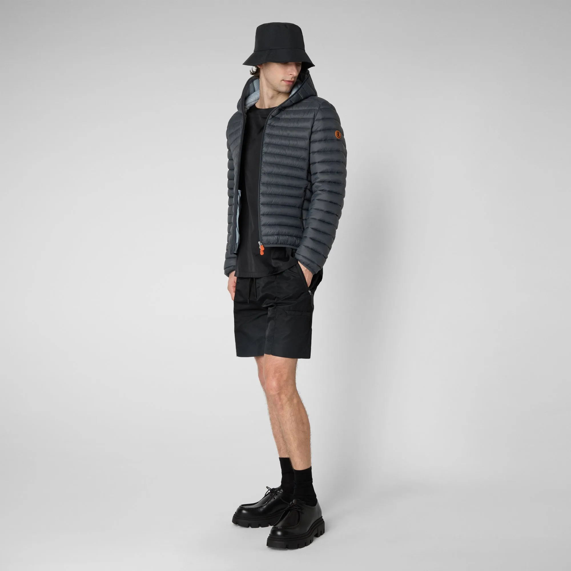 Man's animal free hooded puffer jacket Donald in storm grey