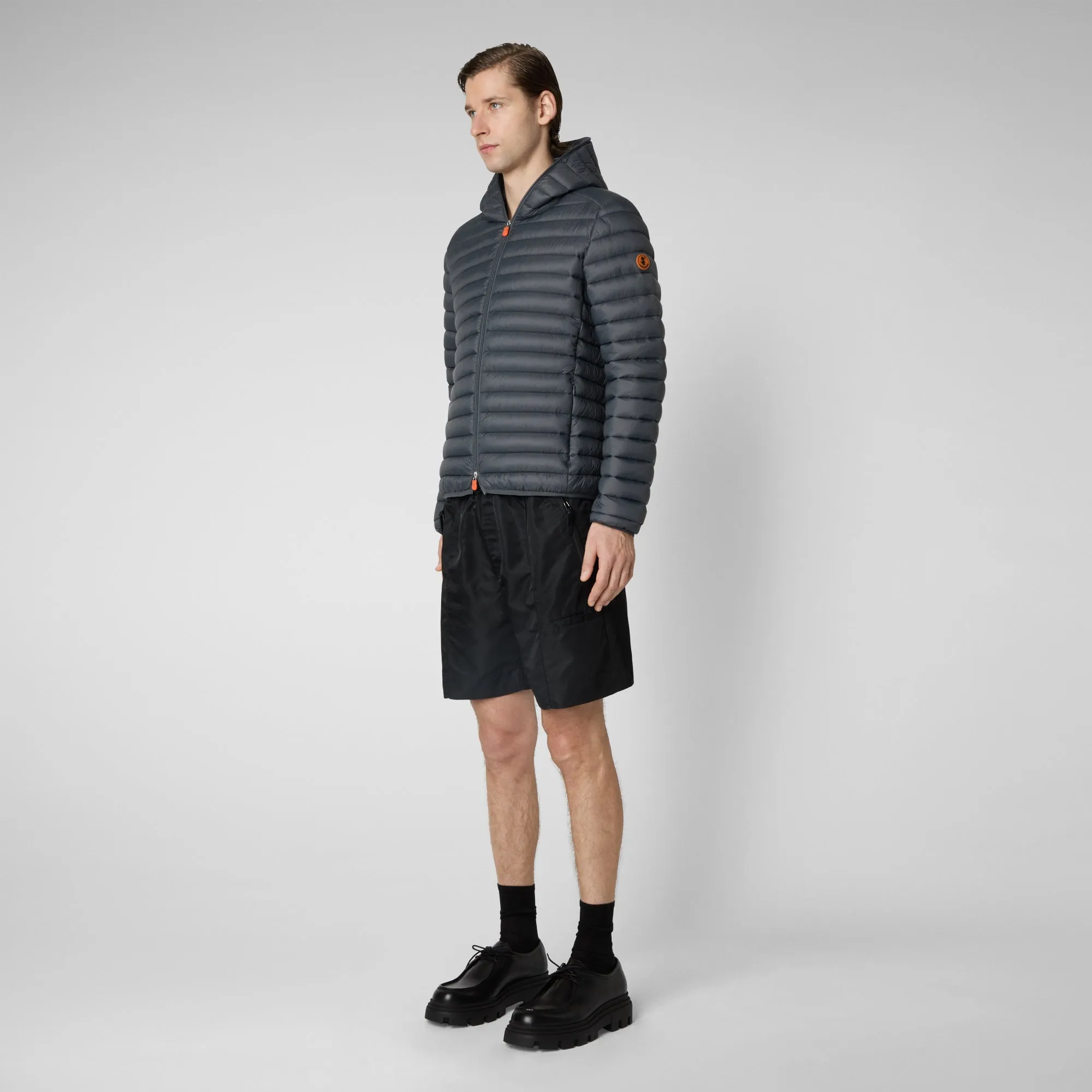Man's animal free hooded puffer jacket Donald in storm grey