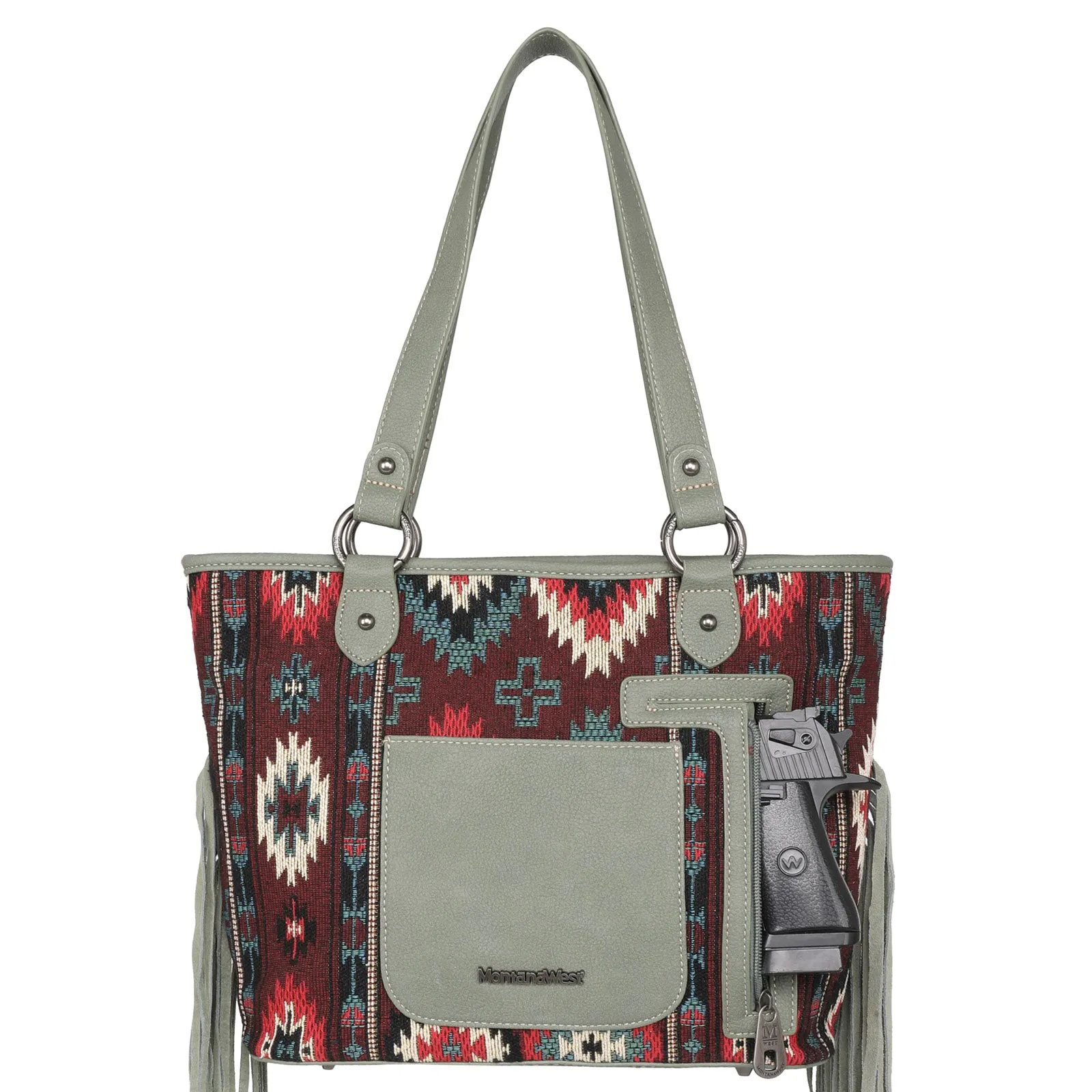 MW1174G-8317 Montana West Aztec Tapestry Fringe Concealed Carry Tote