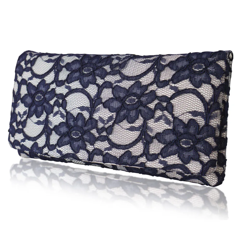 Navy lace and ivory clutch handbag ASTRID