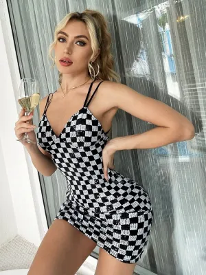 Plaid Crisscross Adjustable Strap Mini Dress