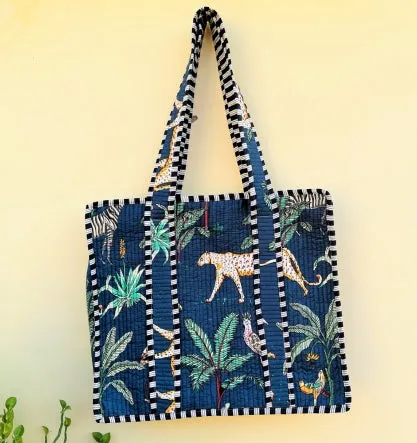 PRE ORDER. Quilted Cotton Tote Bag- Navy Leopard