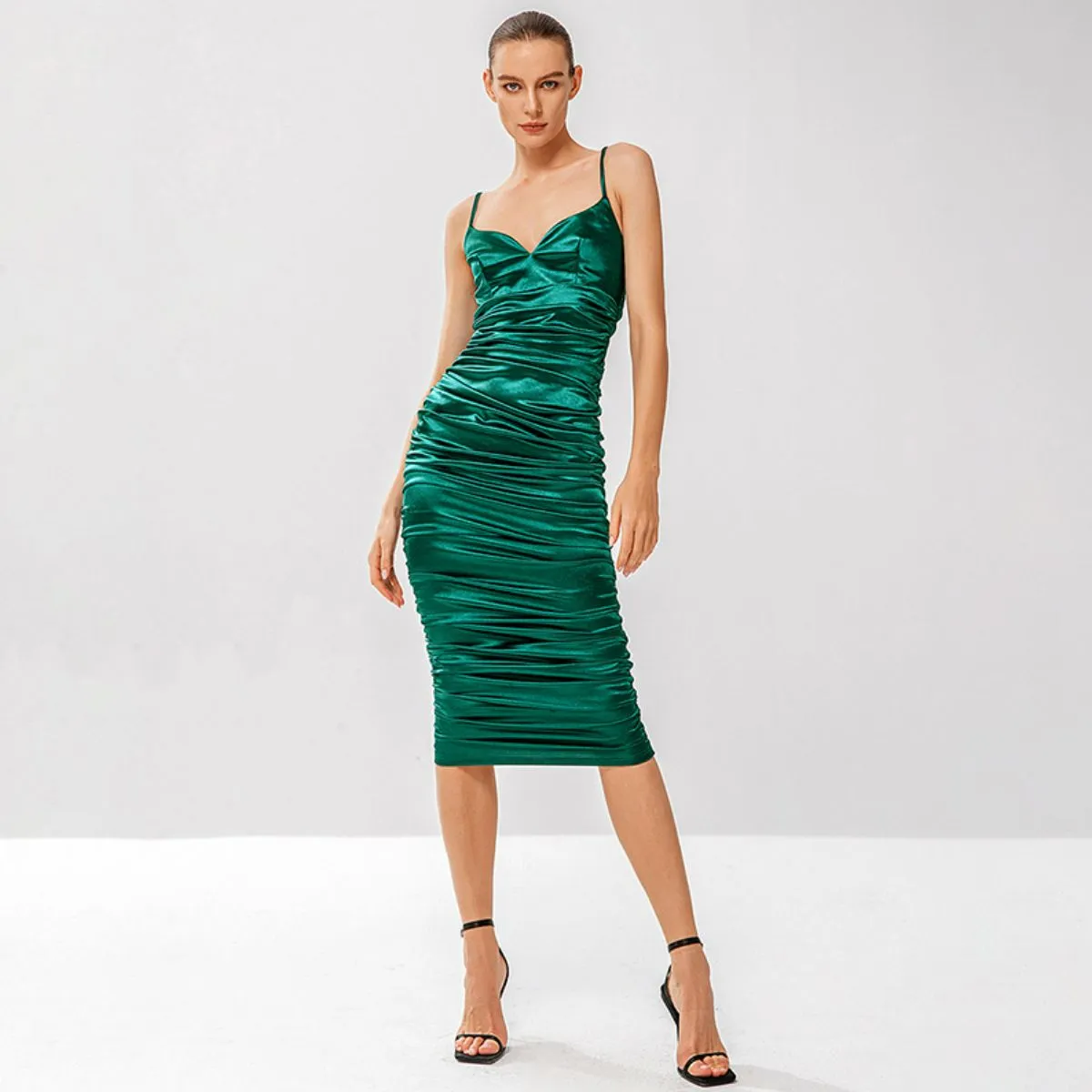 Ruched Adjustable Spaghetti Strap Satin Dress