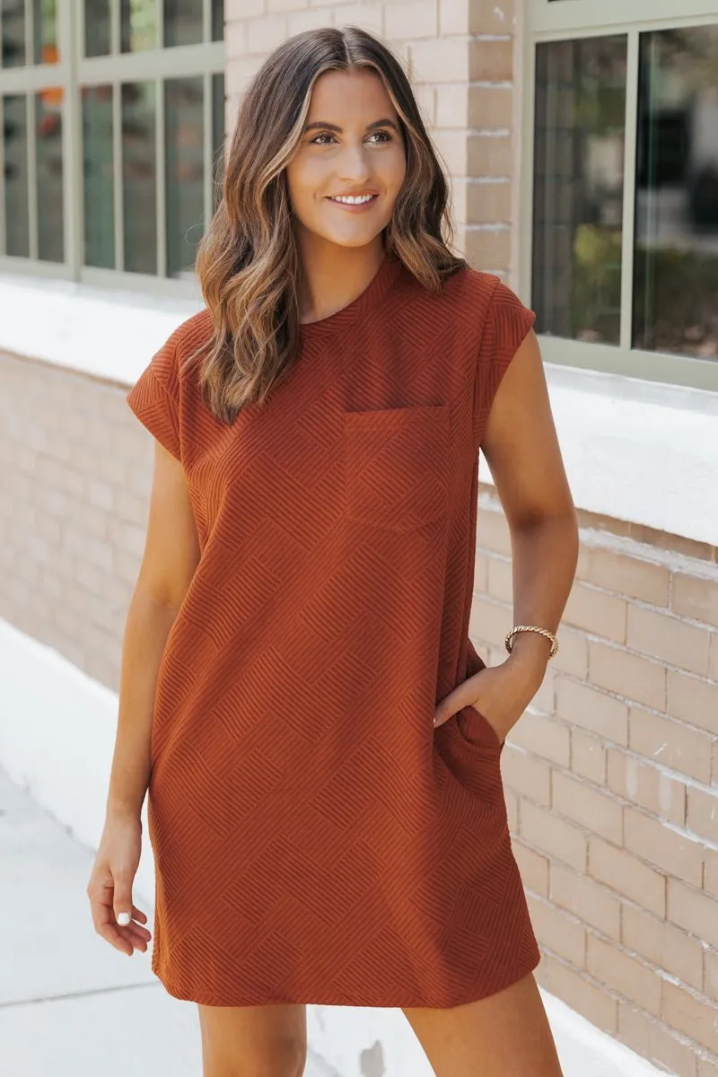 Rust Cap Sleeve Textured Mini Dress