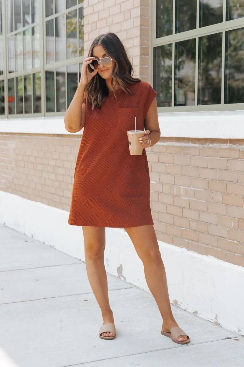 Rust Cap Sleeve Textured Mini Dress