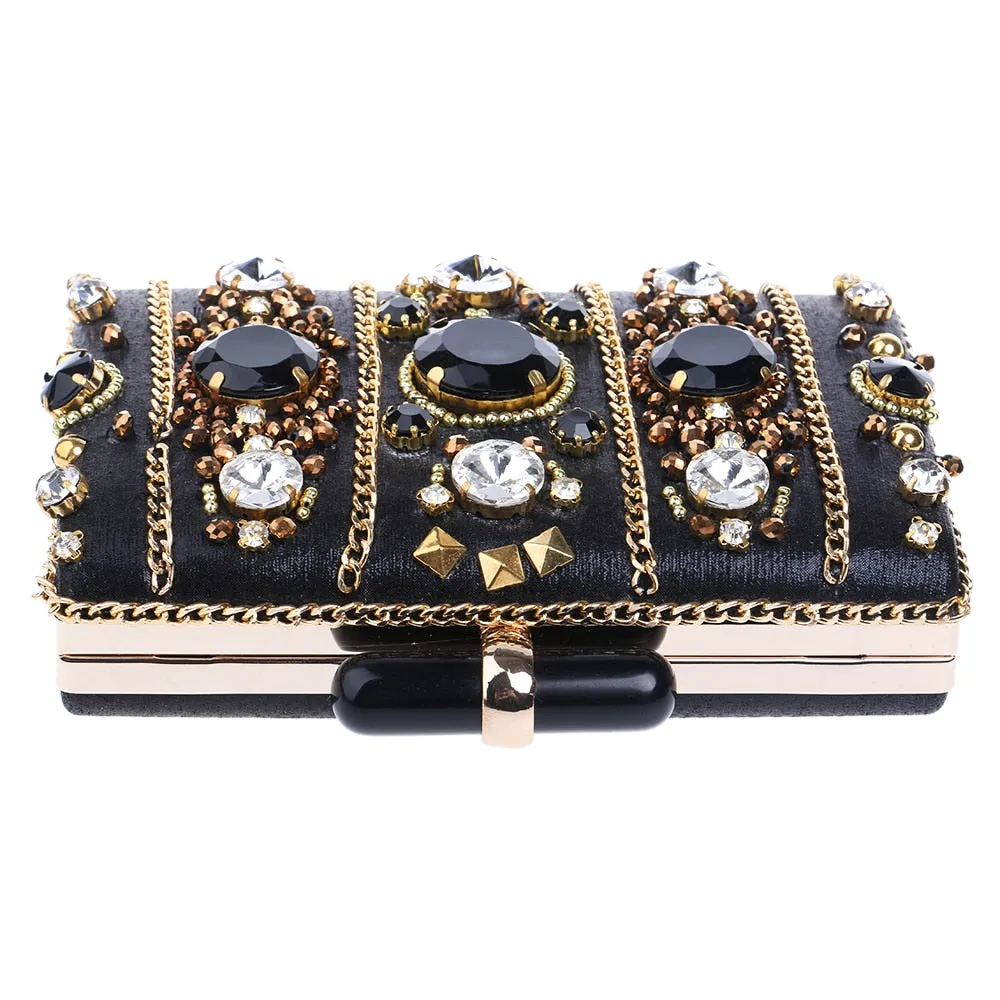 SEKUSA Embroidery Women Handbags Beaded Chain Accessory Metal Day Clutches Party Wedding Evening Bags One Side Diamonds Purse