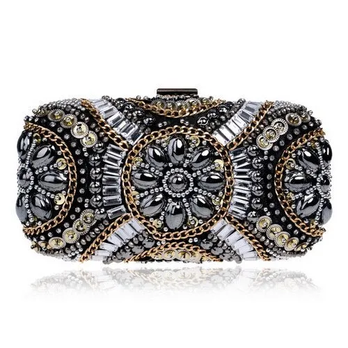 SEKUSA Embroidery Women Handbags Beaded Chain Accessory Metal Day Clutches Party Wedding Evening Bags One Side Diamonds Purse