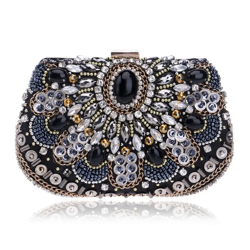 SEKUSA Embroidery Women Handbags Beaded Chain Accessory Metal Day Clutches Party Wedding Evening Bags One Side Diamonds Purse
