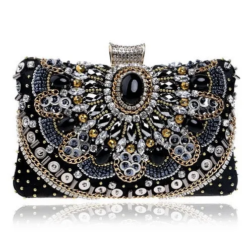 SEKUSA Embroidery Women Handbags Beaded Chain Accessory Metal Day Clutches Party Wedding Evening Bags One Side Diamonds Purse