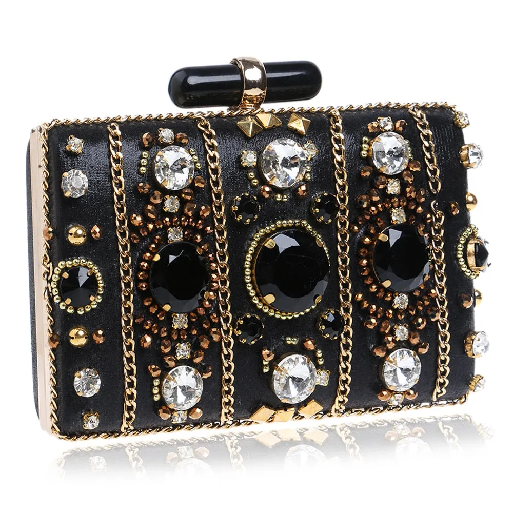 SEKUSA Embroidery Women Handbags Beaded Chain Accessory Metal Day Clutches Party Wedding Evening Bags One Side Diamonds Purse