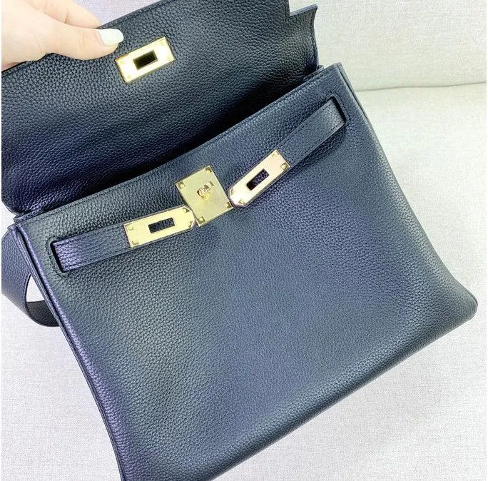 Togo Leather Brand Inspired Bag Gold Tone and Silver Tone, Must-have Leather Designer Bag, Luxury Classic Shoulder Bag, Wide Shoulder Strap