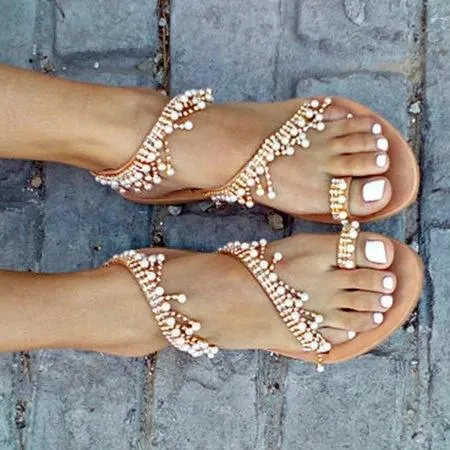 Women Leather Sandals Casual Pearls Shoes