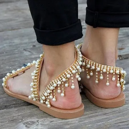 Women Leather Sandals Casual Pearls Shoes