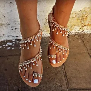 Women Leather Sandals Casual Pearls Shoes
