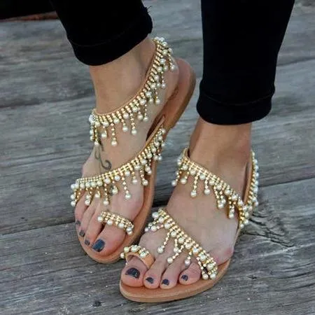 Women Leather Sandals Casual Pearls Shoes