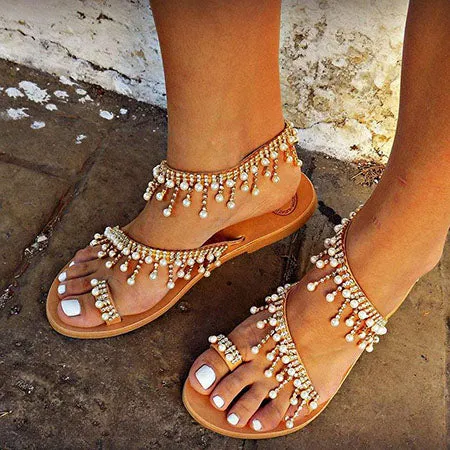 Women Leather Sandals Casual Pearls Shoes