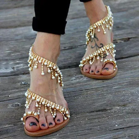 Women Leather Sandals Casual Pearls Shoes