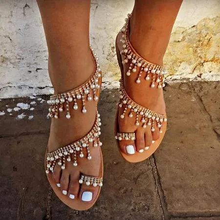 Women Leather Sandals Casual Pearls Shoes