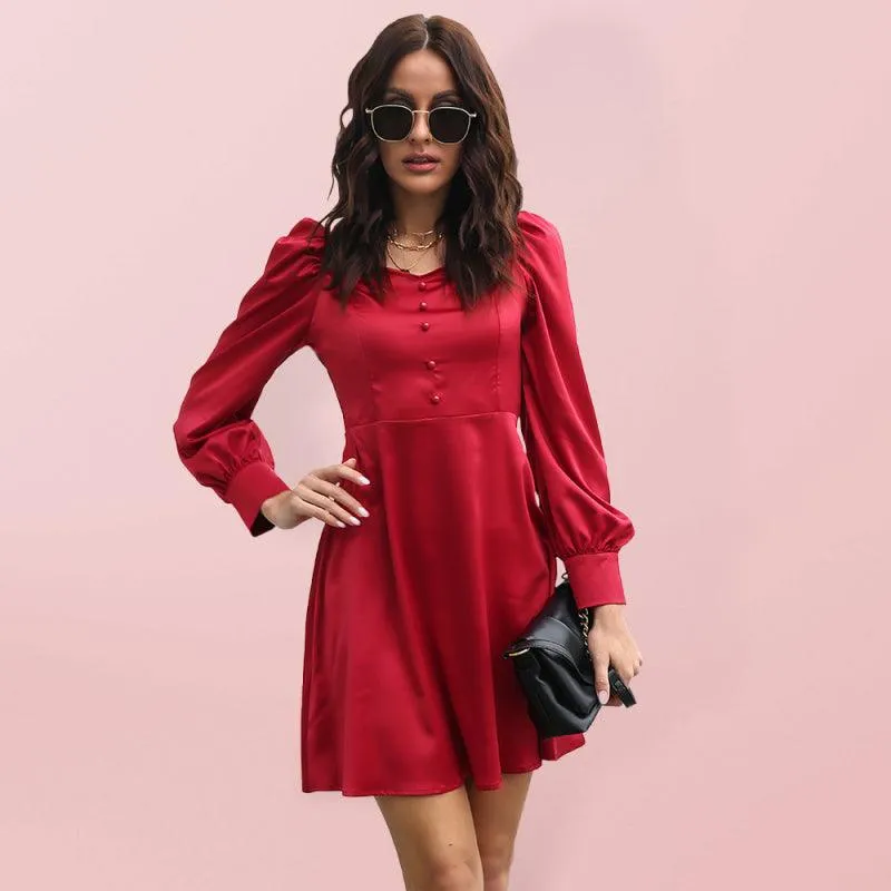 Women's color satin love collar bubble sleeve French Long Sleeve Dress