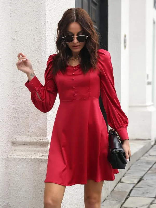 Women's color satin love collar bubble sleeve French Long Sleeve Dress