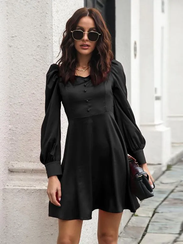 Women's color satin love collar bubble sleeve French Long Sleeve Dress