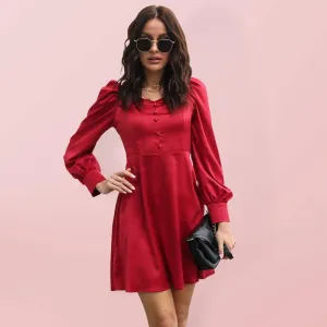 Women's color satin love collar bubble sleeve French Long Sleeve Dress