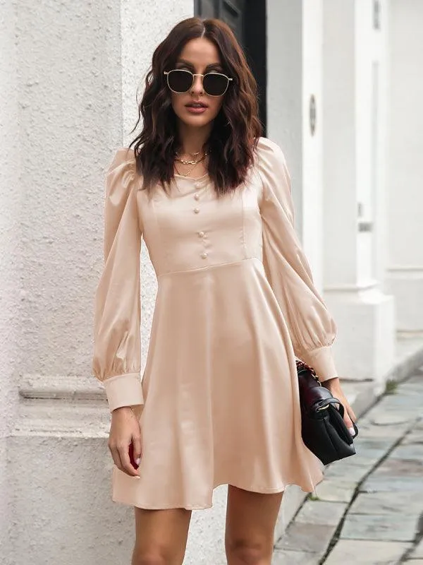 Women's color satin love collar bubble sleeve French Long Sleeve Dress