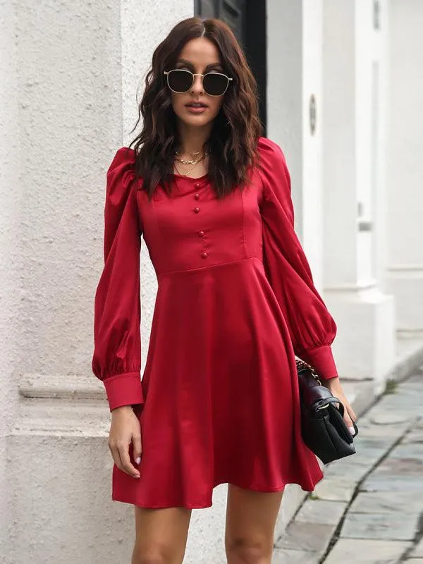 Women's color satin love collar bubble sleeve French Long Sleeve Dress