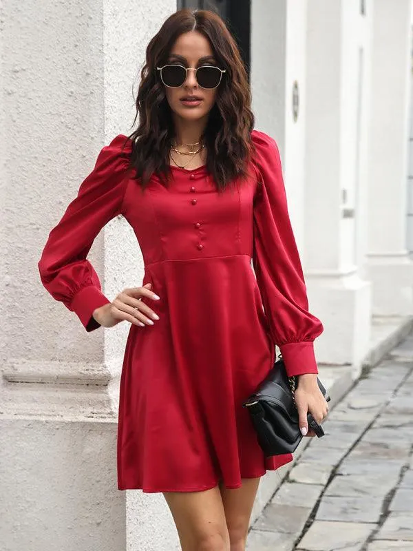 Women's color satin love collar bubble sleeve French Long Sleeve Dress